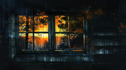 A window with trees outside and the sun setting