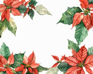 A festive floral frame with vibrant poinsettias sets the mood for a warm Christmas celebration, Watercolor Blank frame template Sharpen with large copy space
