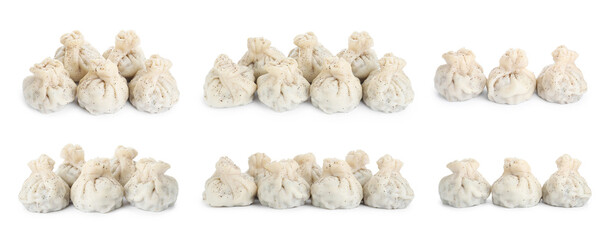 Delicious khinkali (dumplings) isolated on white, set