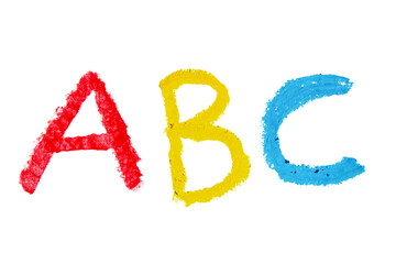 Colorful abc letters drawn with crayon on transparent background