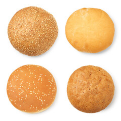 Different burger buns isolated on white, top view