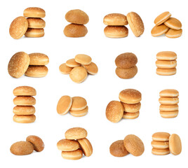 Different burger buns isolated on white, collage