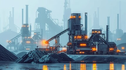 Industrial Landscape with Coal Piles and Machinery