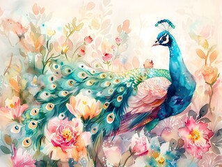 Dreamlike Watercolor of Majestic Peacock Amid Soft Ethereal Blooms