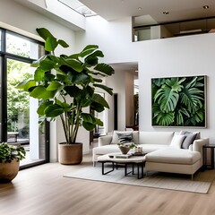 a living room with white walls and hardwood flooring including a large green plant in the center of