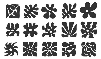 Set of abstract naive floral square. Modern wavy black flowers plant. Organic floral doodle shapes.