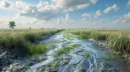 beautiful landscape with a river flowing through a grassy plain. The sky is blue and there are some clouds in the distance.