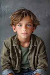 A young boy dressed in a casual long-sleeve top and comfy pants stands with arms crossed, against a dark grey backdrop, conveying a sense of youthful confidence