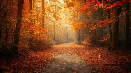 An enchanted forest in autumn, filled with golden leaves in autumn. Resplendent.