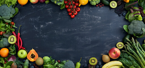 banner, A blackboard with a heart shape and a variety of fruits and vegetables. Concept of abundance and health