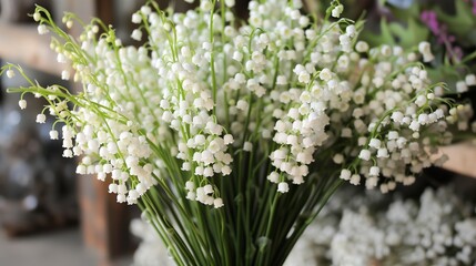 bouquet of lily of the valley flowers resting on a dark rustic wooden surface, showcasing the delicate beauty of spring
