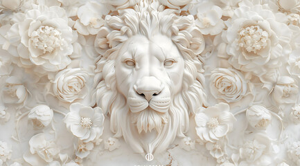 3D carved from marble Lion and leaves on the background