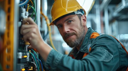 Professional electrical contractor doing wiring electrical in the factory. Generative AI.