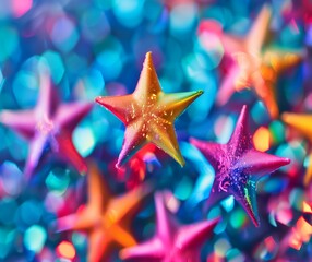 Colorful Glittering Stars on Bokeh Background for Festive Celebration.