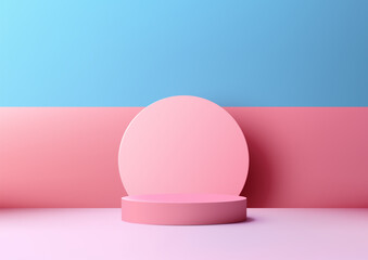 3D pink podium with circle backdrop and blue sky background is a modern interior concept product display mockup