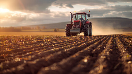 Tractor works in field against the backdrop of sunset. The concept of development of agriculture and farming