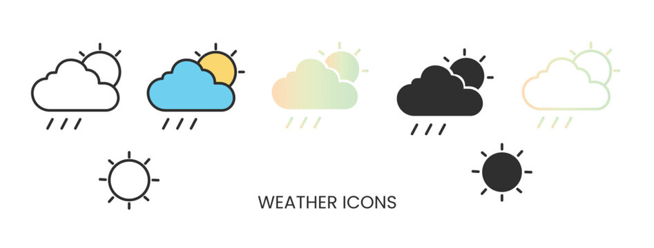 Vector weather icon, different weather icon in solid, gradient and line styles. Rain, sunny, cloudy, windy. Trendy colors. Isolated on a white background. Editable stroke