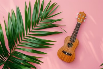 Ukulele on pink background with green palm leaves in a vibrant, tropical setting