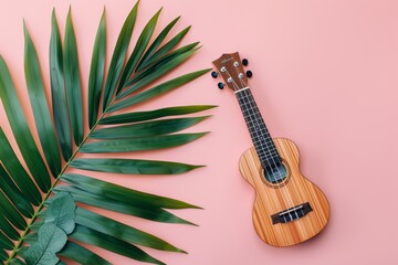 Ukulele on pink background with green tropical leaves enhancing the musical mood