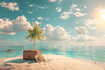 Tropical paradise with suitcase and sunhat on pristine sandy beach under sunny blue skies