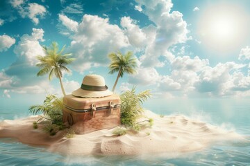 Vintage suitcase and sunhat on a tiny tropical island under a sunny sky