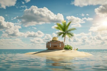 Vintage suitcase on a tiny sandy island with a palm tree under a sunny sky