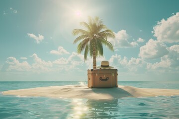 Vintage suitcase and sunhat on a sandy island under a palm tree, ideal for summer vacation and travel themes
