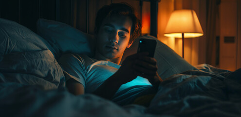 Fototapeta premium Sad person checking their smartphone at night. Man scrolling through social media on his phone screen. Internet addiction in adults.