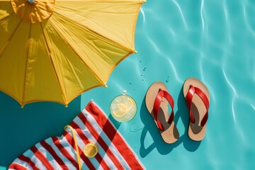 Summer relaxation scene with yellow umbrella, flip-flops, and vibrant pool