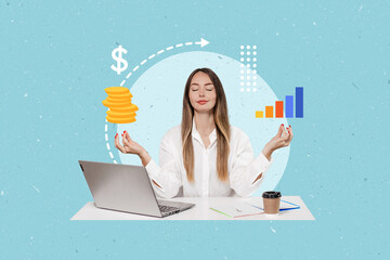 collage of a businesswoman sitting at a table meditating with icons of graphs, coins, dollars and...