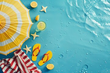 Top-down view of a vibrant beach setup with a yellow umbrella, flip flops, and a refreshing drink