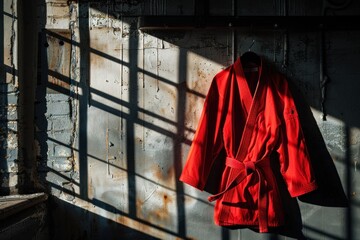 A martial arts uniform hanging on a hook, its shadow mirroring its form.