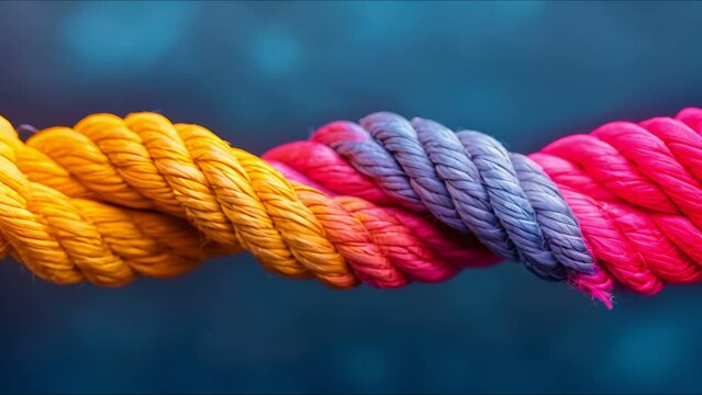 Unity rope in teamwork concept, diverse partnership strength, communicate support, braid on color background