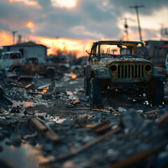 Fototapeta premium Abandoned radioactive vehicles in post apocalypse theme with blurry background.