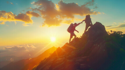 Fototapeta premium young couple with backpacks hiking in mountains