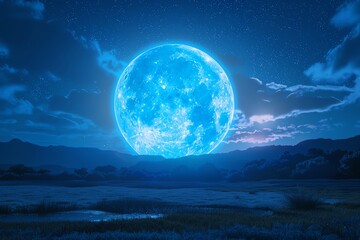 Stock photo of a rare blue supermoon, larger and brighter, illuminating the night sky and casting a surreal glow over a tranquil landscape