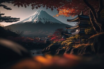 Fall trees. Pagoda and mountain with a snowy peak in the background. Generative Ai