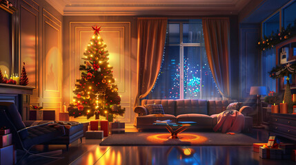 Interior of living room with glowing Christmas tree