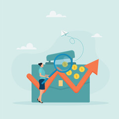 Financial investment, marketing, deposit security concept. Businesswoman with a magnifying glass looks at a growing chart and briefcase. Vector illustration.
