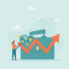 Financial investment, marketing, deposit security concept. Businesswoman with a magnifying glass looks at a growing chart and briefcase. Vector illustration.
