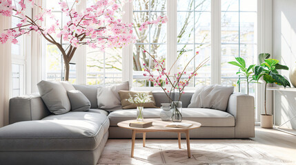 Interior of living room with grey sofas and blooming s