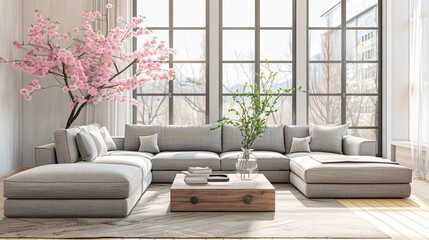 Interior of living room with grey sofas and blooming s