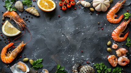 Seafood frame on the black stone background
