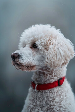 A white Poodle with a red collar displayed in a serene and soft focus background, resembling tranquility and purity
