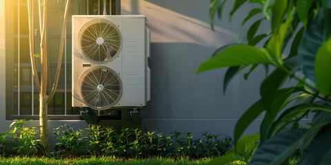 Air source heat pump installed on the wall of residential building in summer morning light.
