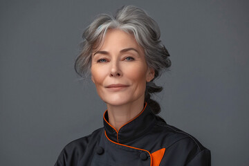 An elegant mature female chef poses with a subtle smile, reflecting her seasoned culinary expertise
