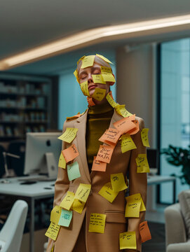 A business professional's suit is humorously covered in a multitude of colorful sticky notes in an office