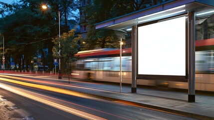  a mockup featuring a blank white vertical digital billboard poster integrated into a modern bus stop shelter design