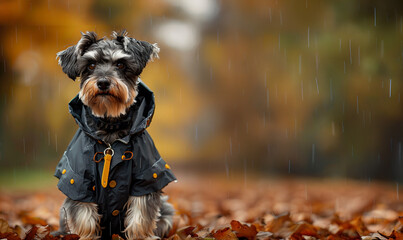 小雨の降る梅雨の公園でペット用のレインコートを着ておすわりしているかわいいミニチュアシュナウザー
