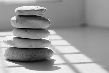 A stack of perfectly balanced stones, their shadows aligning harmoniously.